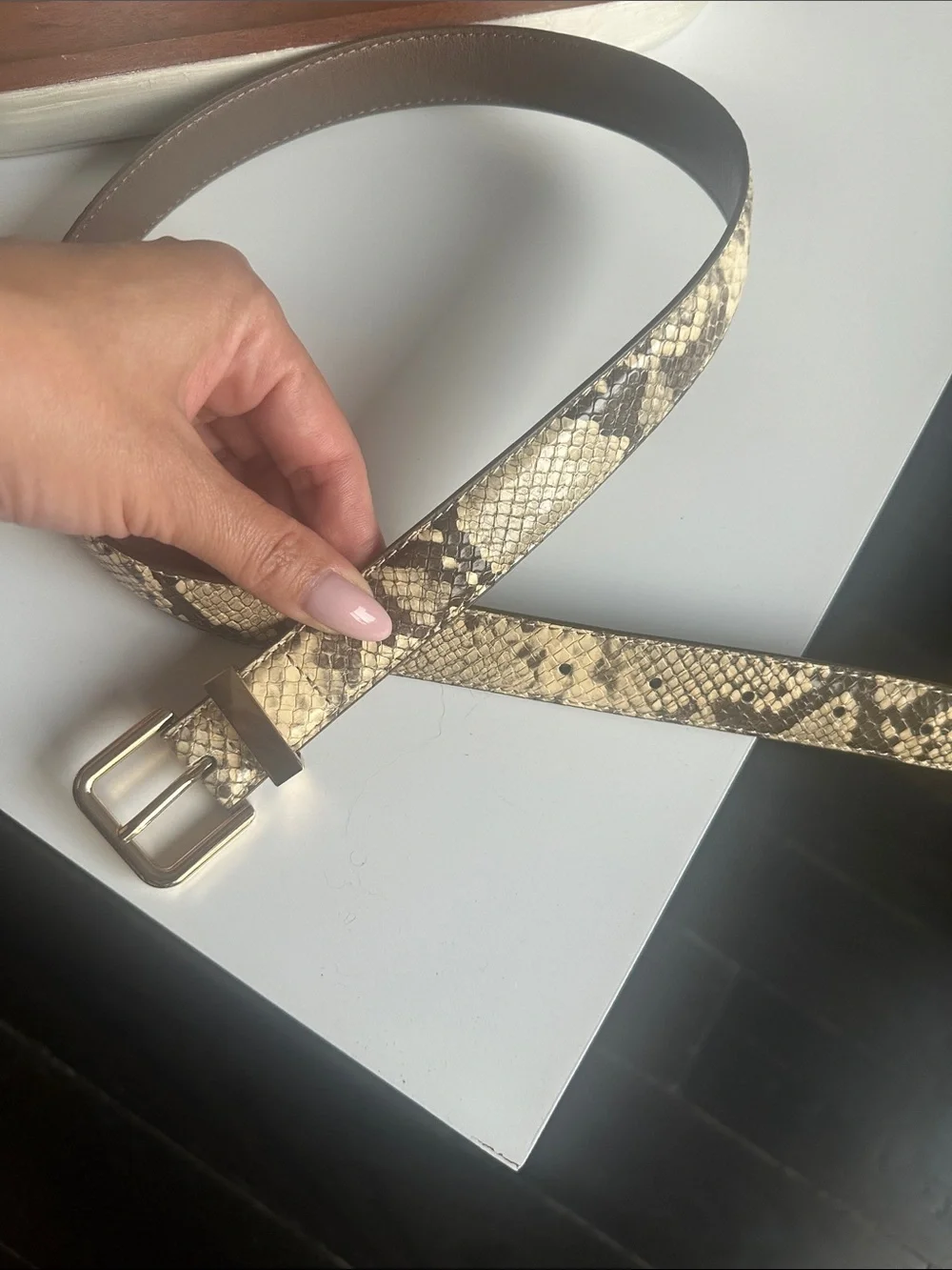 Mango Snake-Print Leather Belt in Beige and Brown with Gold Buckle